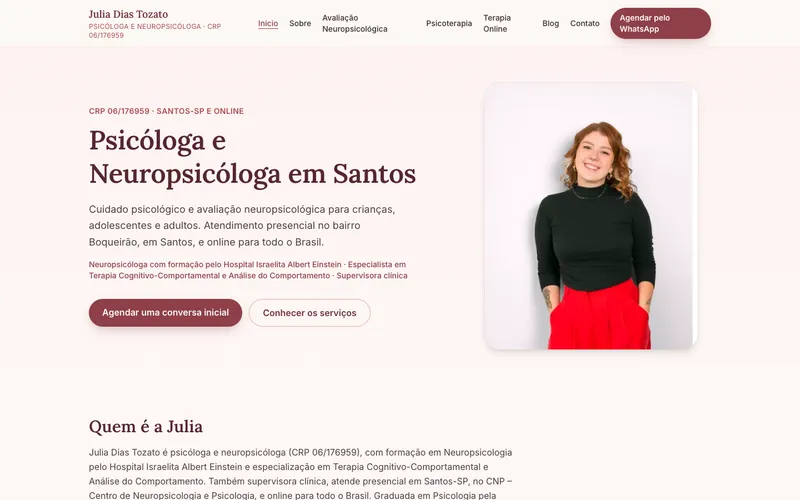 Página inicial do site psicologajuliatozato.com.br